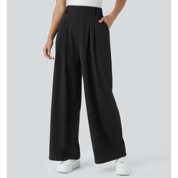 Halara High Waisted Black Waffle Wide Legged Work Pants Pockets XL regular 48 - Picture 1 of 9